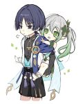  1boy 1girl anklet arm_at_side armlet armor black_bodysuit black_bow black_eyes black_hair black_shorts bloomers blue_gem blue_kimono blue_sleeves blunt_ends bodysuit bow bridal_gauntlets cape carrying closed_mouth colored_tips commentary covered_collarbone cropped_legs cross-shaped_pupils detached_sleeves dress feathers furisode gem genshin_impact gold_anklet gold_armlet gold_ring gold_trim green_eyes green_hair green_sleeves grey_bridal_gauntlets hakama hakama_shorts hand_on_another's_shoulder highres index_finger_raised japanese_armor japanese_clothes jewelry juban kimono kote layered_sleeves long_hair looking_to_the_side mandarin_collar middle_ring multicolored_hair nahida_(genshin_impact) open_clothes open_kimono open_mouth outstretched_arm parted_bangs piggyback pleated_shorts pointing pointing_to_the_side pointy_ears pom_pom_(clothes) puff_of_air purple_cape purple_sash sash scaramouche_(genshin_impact) short_dress short_sleeves shorts side_cape side_ponytail sidelocks socks stirrup_footwear symbol-shaped_pupils tareme tassel tsurime vision_(genshin_impact) wanderer_(genshin_impact) white_background white_bloomers white_dress white_hair white_kimono white_sleeves white_socks wispy_bangs wolf_cut yellow_feathers yellow_pupils yoyuyu_0 