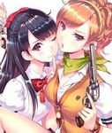  black_hair brown_eyes character_request gun gun_shadow handgun multiple_girls nishimura_eri one_eye_closed orange_hair purple_eyes revolver weapon 