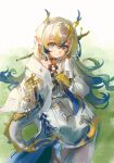  1girl arknights blonde_hair blue_hair chinese_commentary closed_mouth colored_extremities commentary_request dragon_girl dragon_horns dragon_tail earrings eastern_dragon_horns eastern_dragon_tail eyeliner feet_out_of_frame hair_between_eyes hand_up highres horns jacket jewelry long_hair long_sleeves looking_at_viewer makeup multicolored_hair necklace orange_eyeliner pointy_ears shirt shu_(arknights) sitting smile solo tail very_long_hair white_jacket white_shirt wo_shi_yi_ge_cuiruo_de_huangdi yellow_hands 