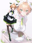  1girl absurdres black_boots black_dress black_gloves black_sleeves black_thighhighs blonde_hair boots breasts colored_tongue crossed_bangs cyborg dress fueppu gloves green_eyes green_necktie green_tongue hair_between_eyes hair_ribbon headphones highres large_breasts looking_at_viewer maid maid_headdress mari-3d_(character) multicolored_gloves multiple_views necktie original ribbon short_hair smile thighhighs two-tone_gloves white_background white_dress 