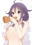  ahoge akiha_(attract) bad_id bad_twitter_id blush breasts carrot eating kantai_collection large_breasts long_hair nipples nude purple_eyes purple_hair sexually_suggestive solo taigei_(kantai_collection) text_focus translated upper_body 