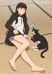  1girl absurdres animal_print barefoot black_cat black_hair black_skirt cat cat_print cat_print_panties cellphone closed_mouth commentary_request drawstring from_above full_body highres hood hood_down hoodie inoue_haruka_(shinchou_ni_kansuru_kousatsu) long_hair long_sleeves looking_at_viewer lying miniskirt on_floor on_side open_mouth original panties pantyshot phone pleated_skirt print_panties raglan_sleeves shinchou_ni_kansuru_kousatsu skirt smartphone soles solo tatami text_messaging tongue tongue_out underwear web_address yawning 