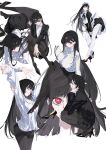  1girl absurdres apron bad_anatomy bad_hands black_hair black_jacket black_pantyhose black_skirt blue_archive breasts chinese_commentary commentary_request crossed_legs dress dress_tug hair_behind_ear hair_ornament hairclip high_heels highres holding holding_paper jacket knees_up large_breasts long_hair maid maid_apron maid_headdress millennium_science_school_logo multiple_views no_pants pantyhose paper pleated_skirt profile puffy_short_sleeves puffy_sleeves red_eyes rio_(blue_archive) short_sleeves simple_background skirt straight_hair sweater thighband_pantyhose thighhighs turtleneck turtleneck_sweater very_long_hair white_apron white_background white_sweater white_thighhighs wo_cai_bushi_zhushou 