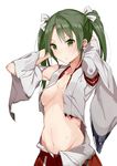  akiha_(attract) arms_behind_head bad_id bad_twitter_id breasts cosplay green_eyes green_hair japanese_clothes kantai_collection long_hair navel small_breasts solo torn_clothes twintails white_background zuihou_(kantai_collection) zuihou_(kantai_collection)_(cosplay) zuikaku_(kantai_collection) 