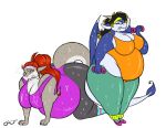  2018 anthro belly big_belly big_breasts breasts clothed clothing digital_media_(artwork) dragon duo eyewear female fish freckles glasses hair hi_res long_hair marine overweight red_hair sara_murko scalie shark simple_background spade_tail sweat swissy teeth thick_thighs venus_(nerdshark) voluptuous white_background wings 