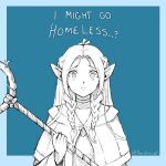  1girl an_dres_art blue_background blue_border border braid breasts capelet choker closed_mouth commentary curtained_hair dungeon_meshi elf english_commentary english_text furrowed_brow half_up_braid highres holding holding_staff i_might_go_homeless_(meme) long_hair looking_at_viewer low_twin_braids mage_staff marcille_donato meme monochrome outside_border parted_hair pointy_ears raised_inner_eyebrows signature sketch small_breasts staff straight-on twin_braids twitter_username upper_body worried 