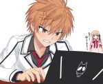  1boy 1girl anger_vein angry arms_at_sides black_ribbon black_shirt blunt_bangs brown_eyes brown_hair clenched_teeth collarbone collared_shirt commentary_request computer crown dress dress_shirt eyes_visible_through_hair hair_between_eyes hair_ribbon highres jacket juliet_sleeves kazamatsuri_institute_high_school_uniform laptop long_hair long_sleeves looking_at_another looking_at_object male_focus mini_crown neck_ribbon necktie orange_eyes orange_hair pink_dress puffy_sleeves red_necktie red_ribbon rewrite ribbon school_uniform senri_akane shirt short_hair simple_background solo_focus spiked_hair straight_hair teeth tennouji_kotarou translation_request tsurime umyuimui03 upper_body v-shaped_eyebrows very_long_hair white_background white_jacket 
