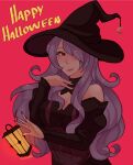  1girl alternate_costume breasts camilla_(fire_emblem) cleavage corset cosplay fingernails fire_emblem fire_emblem_fates hair_over_one_eye halloween halloween_costume happy_halloween hat highres lantern large_breasts long_fingernails long_hair looking_at_viewer nail_polish phlavours purple_corset purple_eyes purple_hair purple_nails red_background simple_background solo upper_body wavy_hair witch witch_(fire_emblem_fates) witch_(fire_emblem_fates)_(cosplay) witch_hat 