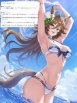 1girl alternate_costume animal_ears armpits arms_up bikini blue_sky breasts brown_hair cloud commentary_request day fan_request green_eyes hat horse_ears horse_tail long_hair looking_at_viewer medium_breasts mini_hat mr._c.b._(umamusume) navel ocean open_mouth outdoors partially_submerged sky smile solo summer swimsuit tail tsukiyuki_mike umamusume white_bikini white_hat 