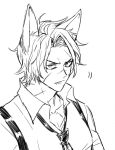  1boy animal_ears chest_harness collared_shirt dog_ears expressionless fang greyscale harness heathcliff_(project_moon) killerohan limbus_company looking_at_viewer male_focus monochrome necktie project_moon scar scar_on_face scar_on_neck shirt simple_background solo 