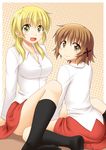  black_legwear blonde_hair blush breasts brown_eyes brown_hair hair_ornament hairclip hidamari_sketch looking_at_viewer looking_back medium_breasts miyako multiple_girls open_mouth short_hair sitting skirt smile utomo yellow_eyes yuno 