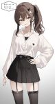  1girl belt belt_buckle black_belt black_skirt brown_eyes brown_hair brown_thighhighs buckle collarbone collared_shirt commentary_request commission dress_shirt garter_straps gradient_background grey_background grey_nails hair_between_eyes hand_on_own_hip head_tilt highres long_sleeves nail_polish original parted_lips pleated_skirt puffy_long_sleeves puffy_sleeves shirt side_ponytail simple_background skeb_commission skirt sleeves_past_wrists smile solo thighhighs tsuruse white_background white_shirt 