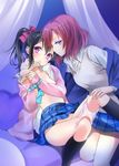  bdsm black_hair blush bondage bound bound_wrists bow cardigan love_live! love_live!_school_idol_project multiple_girls nishikino_maki ooshima_tomo open_clothes open_shirt otonokizaka_school_uniform panties panty_pull pink_panties purple_eyes red_eyes red_hair school_uniform shirt short_hair skirt twintails underwear yazawa_nico yuri 