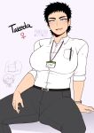  1boy 1girl absurdres black_eyes black_hair blush breasts cake candle collared_shirt commentary dress_shirt english_commentary food fully_genderswapped_group genderswap genderswap_(ftm) genderswap_(mtf) heart highres igarashi_futaba lanyard large_breasts office_lady panqlao pants pen salaryman senpai_ga_uzai_kouhai_no_hanashi shirt short_hair smile spread_legs takeda_harumi thick_eyebrows venus_symbol watch white_shirt 