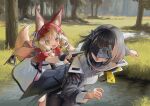  2girls absurdres animal_ears arknights arknights:_endfield black_coat black_gloves black_hair black_mask black_pantyhose blindfold_mask blonde_hair cape coat commentary_request dress endministrator_(arknights) female_endministrator_(arknights) fingerless_gloves gloves highres hood hooded_cape long_hair low-tied_sidelocks mask multiple_girls open_clothes open_coat open_mouth outdoors pantyhose red_cape rossi_(arknights) short_hair sidelocks tail tree welt_(kinsei_koutenkyoku) white_dress wolf_ears wolf_girl wolf_tail yellow_eyes 
