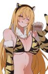  1girl :q ;q absurdres animal_ear_hairband animal_ears animal_hands animal_print bare_shoulders bikini blonde_hair breasts cleavage commentary elbow_gloves fake_animal_ears fur_collar gloves hair_between_eyes hairband highres large_breasts long_hair looking_at_viewer navel official_alternate_costume one_eye_closed paw_gloves paw_pose print_bikini print_gloves shokuhou_misaki simple_background solo star-shaped_pupils star_(symbol) stomach swimsuit symbol-shaped_pupils ten_8810 tiger_ears tiger_print tiger_print_bikini toaru_kagaku_no_railgun toaru_majutsu_no_index tongue tongue_out upper_body very_long_hair white_background yellow_eyes yellow_gloves 
