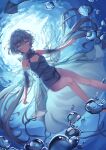  1girl :o air_bubble bare_legs blue_dress blue_eyes bubble character_request collar commentary_request copyright_request dress frilled_collar frills full_body grey_hair highres open_mouth original parufeito short_hair solo submerged twintails underwater white_hair 