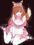  1girl alternate_costume amulet animal_ear_fluff animal_ears ankle_garter apron breasts brown_hair brown_tail cleavage cleavage_cutout clothing_cutout commentary detached_sleeves diagada dress english_commentary fang flustered frilled_apron frilled_dress frills from_above gloves highres holo long_hair looking_at_viewer looking_up maid mary_janes neck_pouch neck_ribbon open_mouth pink_tiara red_eyes ribbon shoes simple_background sitting small_breasts solo spice_and_wolf tail thighhighs twitter_username two-tone_dress unconventional_maid underbust wariza white_gloves white_ribbon white_thighhighs wolf_ears wolf_girl wolf_tail 