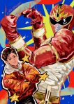  1boy absurdres armor bodysuit character_name commentary_request cowboy_shot crossed_arms dual_persona fighting_stance gloves gosei_sentai_dairanger helmet highres hood hoodie jacket looking_at_viewer male_focus mask red_bodysuit red_helmet red_jacket ryuu_ranger_(dairanger) signature smile solo star_(symbol) super_sentai superhero_costume tokusatsu uminounita upper_body 