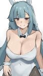  1girl absurdres animal_ears bare_shoulders black_bow black_bowtie blue_hair blush bow bowtie braid breasts cleavage closed_mouth commentary covered_navel disembodied_hand ear_covers english_commentary grey_pantyhose highres horse_ears horse_girl horse_tail iog626 large_breasts leotard long_hair looking_at_viewer mejiro_ardan_(umamusume) pantyhose purple_eyes simple_background smile solo tail umamusume white_background white_leotard white_wrist_cuffs wrist_cuffs 