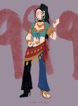  ._. 1girl aqua_shirt artist_name black_choker black_hair blue_pants choker commentary earrings english_commentary front-tie_top full_body grey_background hand_on_own_hip high_heel_sandals high_heels high_ponytail highres jewelry kyokugen_dasshutsu kyokugen_dasshutsu:_9_jikan_9_nin_9_no_tobira long_hair midriff open_mouth pants ponytail sandals shirt solo toenails toes twistedmind69xx yashiro_(kyokugen_dasshutsu) yellow_sandals 