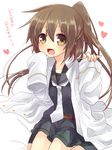  brown_eyes brown_hair commentary_request fumizuki_(kantai_collection) heart kantai_collection long_hair looking_at_viewer military military_uniform nagasioo naval_uniform open_mouth oversized_clothes ponytail sleeves_past_wrists solo translated uniform white_neckwear 