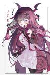  1girl absurdres bat_wings black_gloves black_pantyhose black_veil black_wings breasts card columbina_(big_bad_vampire)_(genshin_impact) columbina_(genshin_impact) commentary cowboy_shot daon_(93111_ys) dress elbow_gloves genshin_impact gloves hair_intakes head_wings highres holding_own_dress index_finger_raised joker_(playing_card) leaning_forward long_hair looking_at_viewer official_alternate_costume one_eye_closed pantyhose parted_lips pink_hair playing_card purple_eyes see-through_clothes see-through_veil simple_background small_breasts solo untranslatable_commentary vampire veil very_long_hair white_background white_dress wings 
