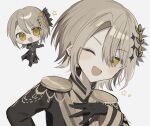  1girl :d ;d artist_name black_coat black_gloves blonde_hair chibi chibi_inset coat ctsura_unu curtained_hair diamond_hair_ornament epaulettes gloves hair_ornament hand_on_own_chest hasumi_leia high_collar highres long_sleeves looking_at_viewer mahou_shoujo_no_majo_saiban one_eye_closed open_mouth portrait sash short_hair shoulder_sash signature simple_background smile solo_focus twitter_username white_background yellow_eyes 