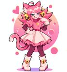  absurdres ahoge animal_ear_fluff animal_ears bell blush_stickers boots breasts brown_pantyhose cat_ears cat_girl cat_tail deltarune footwear_bell full_body gloves green_eyes hair_bell hair_ornament hand_on_own_hip heart heart_locket highres layered_skirt looking_at_viewer mad_mew_mew medium_breasts medium_skirt pantyhose partumut pigeon-toed pink_hair pink_skirt pointing pointing_at_self puffy_short_sleeves puffy_sleeves short_sleeves skirt solo standing tail utdr_(toby_fox) white_boots white_gloves white_skirt 