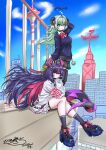  2girls absurdres ahoge alternate_costume animal_ears black_choker black_hair black_shoes black_skirt black_socks blue_sky blue_sweater choker cloud colored_inner_hair commentary_request curled_horns dragon_girl dragon_horns dragon_tail goat_ears goat_girl god-08 green_hair highres horns iroi_(nte) long_hair looking_at_viewer multicolored_hair multiple_girls neverness_to_everness purple_eyes red_hair red_streaks shinku_(nte) shirt shoes skirt sky socks streaked_hair sweater tail two-tone_hair very_long_hair white_shirt 