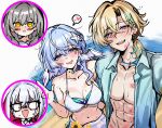  1boy 3girls abs aqua_eyes aqua_shirt arm_around_another's_back aventurine_(honkai:_star_rail) aventurine_(waveflair)_(honkai:_star_rail) bare_shoulders beach bikini blank_eyes blonde_hair blue_choker blue_hair blush breasts choker cleavage commentary drooling facial_mark grey_hair hair_between_eyes hair_ornament head_wings heart heart_facial_mark hetero highres honkai:_star_rail honkai_(series) implied_after_sex lipstick_mark lipstick_mark_on_chest lipstick_mark_on_face long_hair looking_at_viewer mark_under_eye medium_breasts medium_hair mini2chainz missing_halo mouth_drool multicolored_hair multiple_girls navel official_alternate_costume open_clothes open_mouth open_shirt pink_eyes ponytail robin_(honkai:_star_rail) robin_(summeretto)_(honkai:_star_rail) sarong shirt short_ponytail smile speech_bubble spoken_heart starfish_hair_ornament stelle_(honkai:_star_rail) stray_pubic_hair streaked_hair sweat swimsuit teeth toned toned_male topaz_(honkai:_star_rail) trailblazer_(honkai:_star_rail) untranslatable_commentary upper_body upper_teeth_only waving white_bikini white_hair white_sarong white_wings wings yellow_eyes 