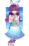  1girl ankle_bow bare_arms belt blue_belt blue_bow blue_choker blue_dress blue_eyes blue_hairband bow bow_hairband braid choker closed_mouth commentary_request cup dress drinking_glass feli_(puyopuyo) feli_(seafoam)_(puyopuyo) food full_body hairband hand_on_lap hand_up highres ice_cream ice_cream_float invisible_chair long_hair looking_at_viewer purple_hair puyopuyo puyopuyo_quest sandals sitting sleeveless sleeveless_dress solo straight-on sundress twin_braids urolo utensil_in_mouth 