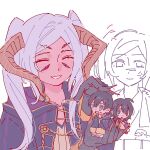  1boy 3girls :d ^_^ anger_vein black_eyes black_hair black_robe black_sclera black_skin closed_eyes colored_sclera colored_skin commentary crying crying_with_eyes_open dark_persona dragon_horns dual_persona extra_eyes eyes_visible_through_hair false_smile female_morgan_(fire_emblem) female_robin_(fire_emblem) female_robin_(grima)_(fire_emblem) female_robin_(grima)_(tyrant_of_despair)_(fire_emblem) female_robin_(onsen_tactician)_(fire_emblem) fingernails fire_emblem fire_emblem_awakening fire_emblem_heroes highres holding_chibi horns indigosaga22a japanese_clothes long_fingernails male_morgan_(fire_emblem) multiple_girls official_alternate_costume partially_colored red_eyes red_nails robe rubber_duck short_hair sketch slit_pupils smile tears twintails untranslatable_commentary white_background white_hair 
