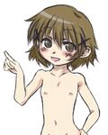  1girl blush brown_eyes brown_hair female flat_chest hair_ornament hairclip hand_on_hip hidamari_sketch navel nipples nude open_mouth pointing rioneel short_hair simple_background sketch smile solo white_background yuno 