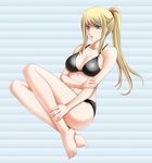  bare_shoulders barefoot bikini black_bikini blonde_hair blue_eyes breasts cleavage highres holding_arm large_breasts lips long_hair metroid parted_lips ponytail samus_aran sidelocks solo swimsuit tamamon 