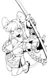  1girl animal_ears braid duck_k fingerless_gloves full_body gauntlets gloves greyscale highres holding holding_weapon long_hair looking_at_viewer monochrome mouse_ears mouse_girl mouse_tail open_mouth original simple_background smile solo sword tail teeth twin_braids weapon white_background 