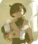  1girl black_bodysuit black_gloves black_hair bodysuit brown_jacket coffee_mug commentary_request cup dark-skinned_female dark_skin emma_(pokemon) gloves hair_over_one_eye highres holding holding_cup jacket light_smile long_sleeves looking_at_viewer mug pokemon pokemon_legends:_z-a sakana_625 short_hair solo twitter_username upper_body 