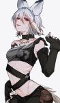  1girl animal_ear_hairband animal_ears au_ra choker crop_top dragon_girl dragon_horns dragon_tail elbow_gloves fake_animal_ears final_fantasy final_fantasy_xiv fingerless_gloves freckles gloves hair_between_eyes hairband horn_ornament horn_ring horns jewelry looking_at_viewer moth_ram multicolored_hair navel necklace open_mouth original pants red_eyes red_hair scales short_hair sidelocks simple_background solo tail tattoo two-tone_hair warrior_of_light_(ff14) white_hair white_horns white_scales white_tail 