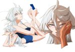  2girls absurdres ahoge bite_mark bite_mark_on_shoulder black_camisole blue_shorts blush camisole cellphone closed_eyes closed_mouth commentary_request female_pov food food_in_mouth grey_eyes gundam gundam_suisei_no_majo hand_on_another's_face highres holding holding_phone korean_commentary miorine_rembran multiple_girls one_eye_closed phone popsicle popsicle_in_mouth pov purple_eyes shorts smartphone snapagi solo_focus suletta_mercury tank_top tears white_hair white_tank_top yuri 
