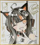  1girl :d ;d absurdres ahoge animal_ear_headphones animal_ears artist_name bare_shoulders belt_collar black_choker black_hair black_nails black_sweater cat_ear_headphones cat_ears choker collar commentary_request eyeball_hair_ornament fake_animal_ears furrowed_brow headphones highres long_sleeves looking_at_viewer mahou_shoujo_no_majo_saiban multicolored_hair nail_polish off-shoulder_sweater off_shoulder one_eye_closed open_mouth orange_eyes orange_nails orange_streaks portrait sawatari_coco segawa_luna sharp_teeth shikishi shirt short_hair signature simple_background sleeveless sleeveless_shirt smile solo streaked_hair striped_sleeves sweater teeth traditional_media upper_teeth_only v v-shaped_eyebrows white_background white_shirt 