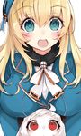 ahoge atago_(kantai_collection) blonde_hair blue_eyes blush breast_rest breasts breasts_on_head highres horns kantai_collection kou_mashiro large_breasts long_hair looking_at_viewer military military_uniform multiple_girls northern_ocean_hime open_mouth pale_skin red_eyes shinkaisei-kan simple_background smile uniform white_background white_hair 