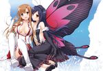  accel_world antenna_hair asuna_(sao) black_hair brown_eyes brown_hair butterfly_wings creator_connection crossover kuroyukihime long_hair long_legs multiple_girls nakajima_yuka open_clothes red_eyes sword_art_online wings 