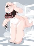  beverage bottomless breasts canine clothed clothing dog female fridge looking_at_viewer mammal milf mother parent pussy seth-iova skimpy solo standing text under_boob 