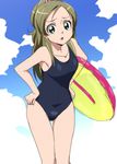  :o brown_hair cloud day green_eyes hands_on_hips long_hair manji_(tenketsu) minamino_kanade one-piece_swimsuit precure sky solo suite_precure swimsuit 