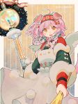  1girl :d ahoge animal_ears arknights blue_bow blush border bow braid canariadraw candy candy_cane cat cat_ears cat_girl cat_tail christmas_sweater commentary_request dress floppy_ears food fur-trimmed_sleeves fur_trim goldenglow_(arknights) goldenglow_(maiden_for_the_bright_night)_(arknights) green_bow green_sweater hair_bow hair_ornament hairband highres holding holding_staff long_sleeves looking_at_viewer medium_hair official_alternate_costume open_mouth orange_eyes pink_hair print_hairband puffy_long_sleeves puffy_sleeves red_bow red_hairband red_shirt shirt smile solo staff sweater tail teeth twin_braids twitter_username upper_teeth_only white_wings wings 