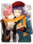  1boy 1girl :d ;d beret black_coat blue_coat coat commentary_request food glasses gloves green_eyes grey_background hand_on_another's_shoulder hat hetero jack_jeanne long_hair neji_kokuto one_eye_closed open_clothes open_coat open_mouth pink_hair purple_hair red_gloves red_hat scarf semi-rimless_eyewear shared_clothes shared_scarf short_hair smile steamed_bun tachibana_kisa under-rim_eyewear upper_body yellow_eyes yuhazu_(rhe-rhe) 