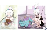  1girl absurdres alternate_costume barefoot bathing bathroom bathtub black_shirt black_shorts blue_eyes closed_mouth commentary_request cropped_shirt hair_bobbles hair_ornament heart highres mareanie nude open_mouth pokemon pokemon_(creature) pokemon_black_2_and_white_2 ripples roxie_(pokemon) shirt shorts skrelp smile sparkle sparkling_aura squatting tile_floor tiles toes topknot water white_hair zonbi_no_mokushiroku 