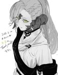  1girl au_ra braid closed_mouth commentary_request dated dragon_girl dragon_horns final_fantasy final_fantasy_xiv green_eyes horn_ornament horn_ring horns limited_palette long_hair looking_at_viewer low_horns moth_ram original partially_colored scales shirt simple_background sketch smile solo spot_color translation_request upper_body warrior_of_light_(ff14) white_background 