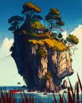  absurdres animal blue_sky boat cliff cloud cloudy_sky commentary day english_commentary fish highres horizon house island ladder landscape laura_el no_humans ocean original outdoors power_lines rowboat scenery signature sky star_(sky) starry_sky tree utility_pole watercraft 