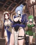 3girls :o :t arm_behind_back artist_name asymmetrical_legwear bare_legs beer_mug belt belt_buckle belt_pouch black_belt black_leotard black_thighhighs blue_eyes blue_hair blue_scarf blunt_bangs blush boots braid braided_ponytail breasts bridal_gauntlets bright_pupils brown_belt brown_boots brown_hair buckle bulletin_board chicken_(food) chicken_leg cleavage cleavage_cutout closed_mouth clothing_cutout collared_dress commentary commission cowboy_shot cup dress elbow_gloves eyelashes fantasy feet_out_of_frame fireflies food forehead full_cleavage gem gloves green_dress green_hair hair_between_eyes hair_bun hair_ornament hair_tie hand_up hands_up hat highres holding holding_cup holding_food holding_paper index_finger_raised indoors juliet_sleeves jun_(navigavi) knee_boots large_breasts leotard long_hair long_sleeves looking_at_another looking_at_object making-of_available mug multiple_belts multiple_girls nose nose_shade notice_lines open_mouth original paper parted_bangs parted_hair parted_lips pelvic_curtain pointing pointing_at_object pointy_ears pouch puffy_sleeves purple_bridal_gauntlets purple_dress purple_eyes purple_gem purple_gloves railing scarf side_cutout sidelocks signature single_braid single_hair_bun single_thighhigh skeb_commission skindentation smile standing striped_clothes striped_scarf tankard tavern teeth thick_thighs thigh_belt thigh_strap thighhighs thighs uneven_legwear upper_teeth_only very_long_braid very_long_hair weapon weapon_on_back white_hat white_pupils wooden_ceiling wooden_railing wooden_wall 